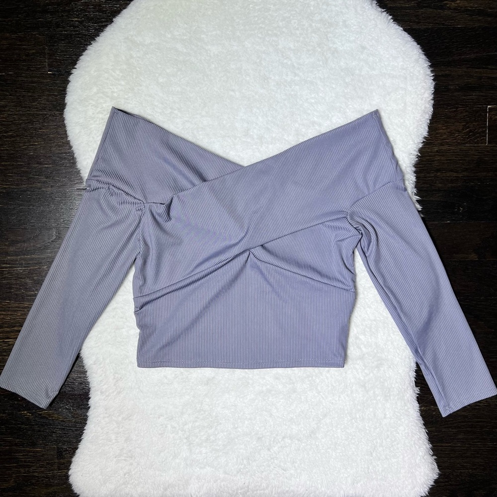 Forever 21 Blue-Gray Off-the-Shoulder Crossover Crop Top Medium